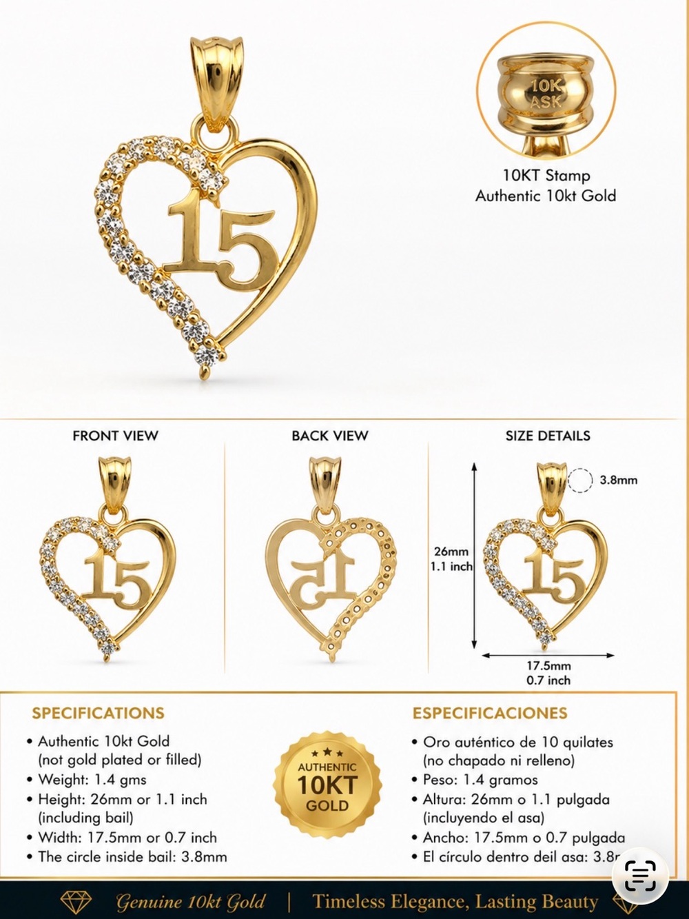 10K Gold Heart '15' Pendant Necklace - Gold
